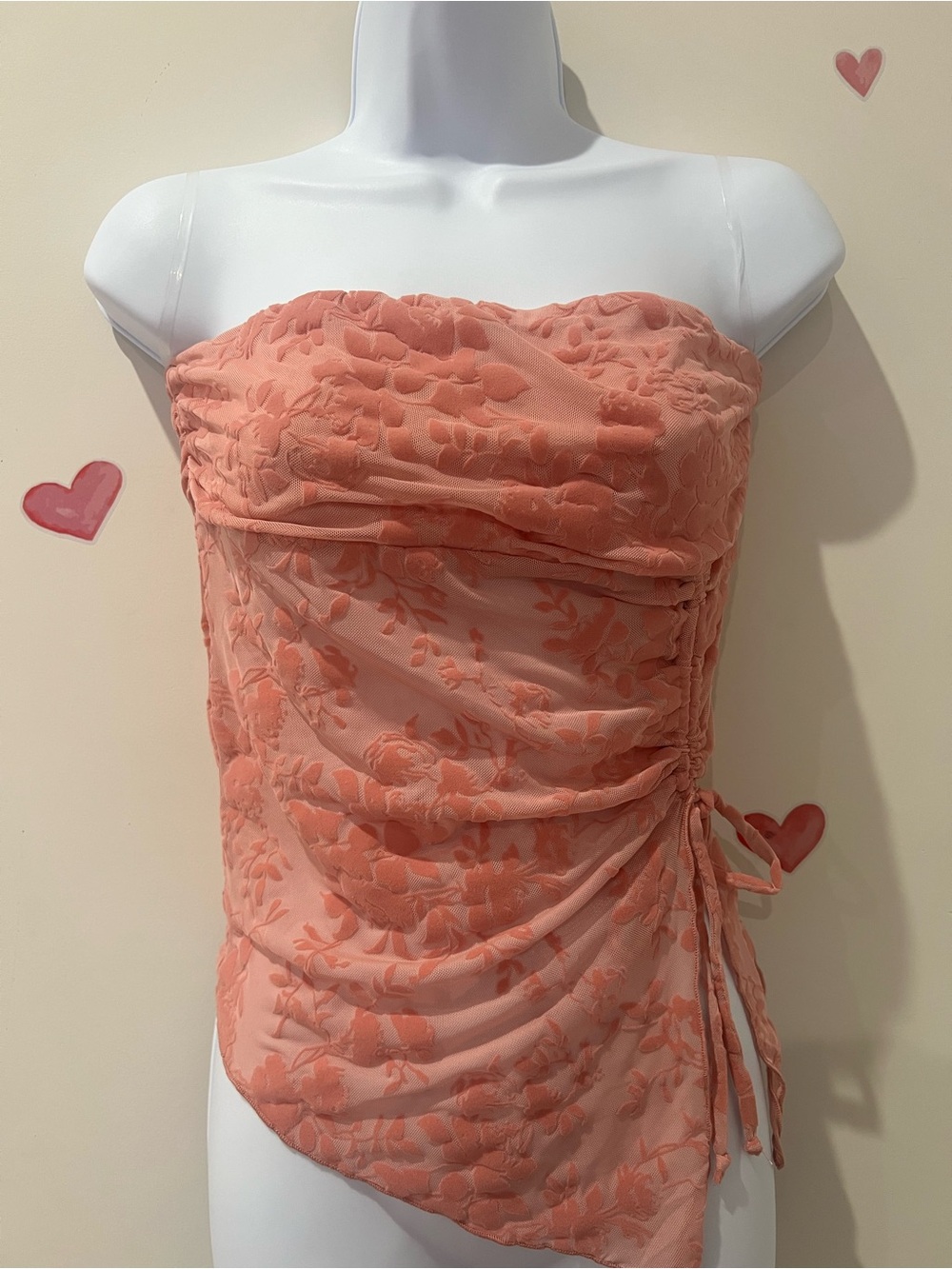 Strapless Ruched Floral Lace Top in Coral